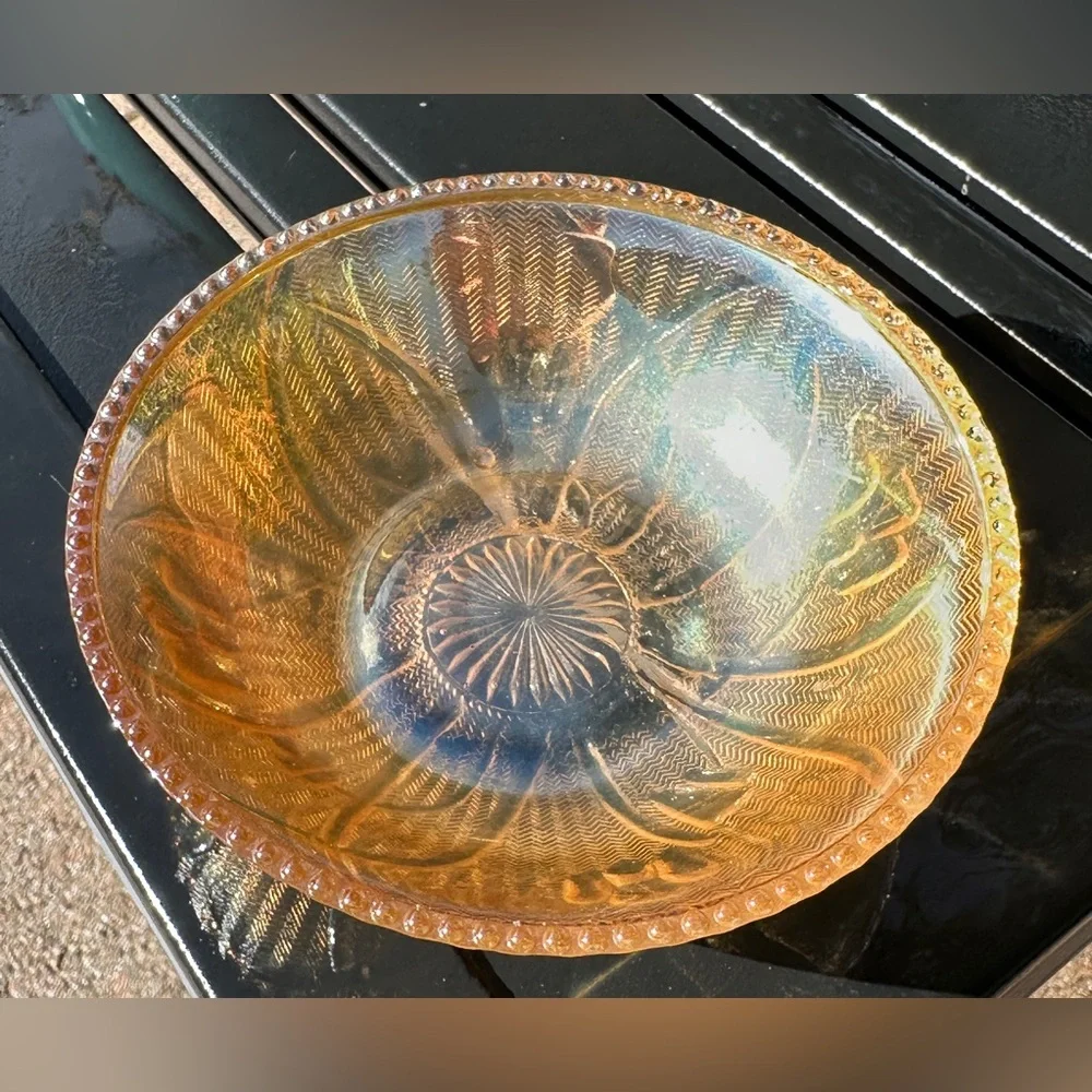 Carnival Glass Jeanette Iris & Herringbone Orange Iridescent Small Bowl VTG